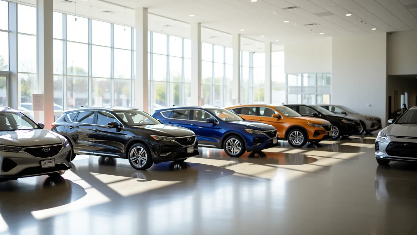Shiny new cars displayed inside a bright Missouri car dealership for auto loans missouri