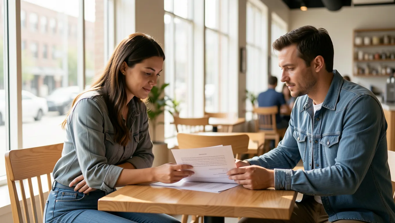 Two people reviewing a loan agreement in a Kansas City cafe