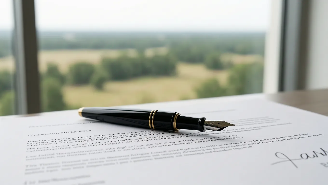 A fountain pen resting on a signed financial contract document