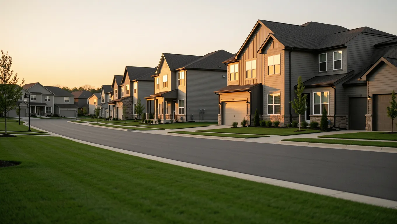 Suburban Missouri neighborhood during sunset showing peaceful residential life