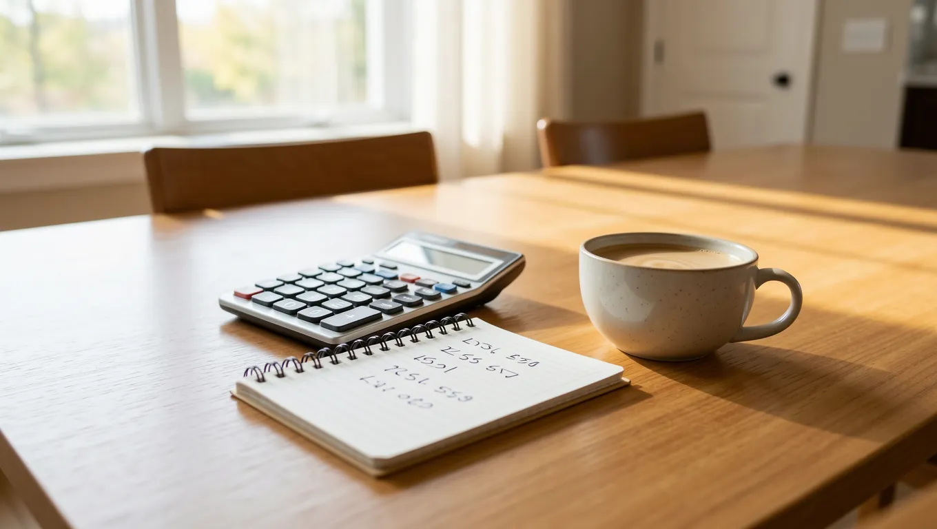 Personal finance planning tools on a sunlit wooden table
