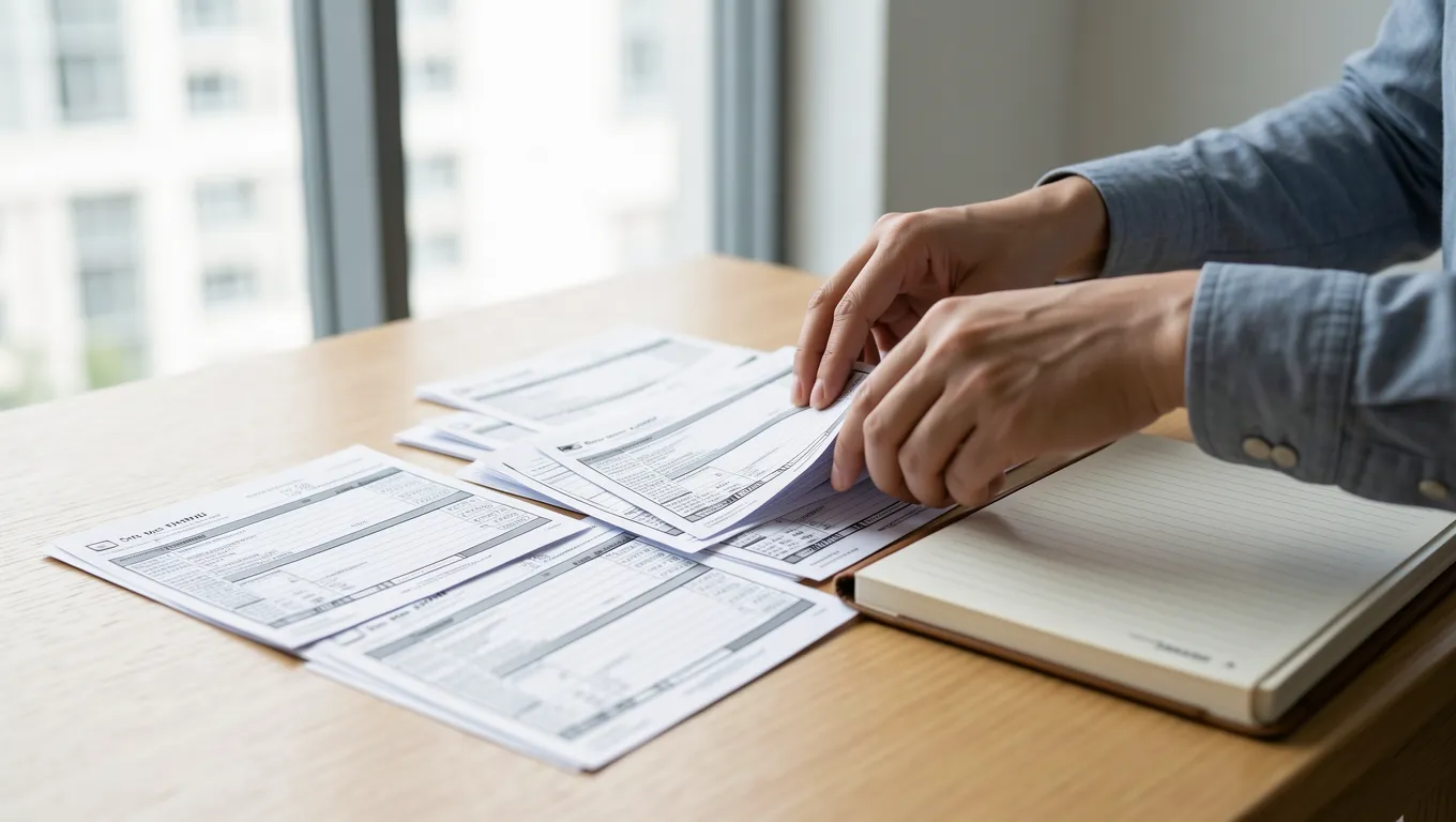 Close up of organized financial documents and a planner on a desk