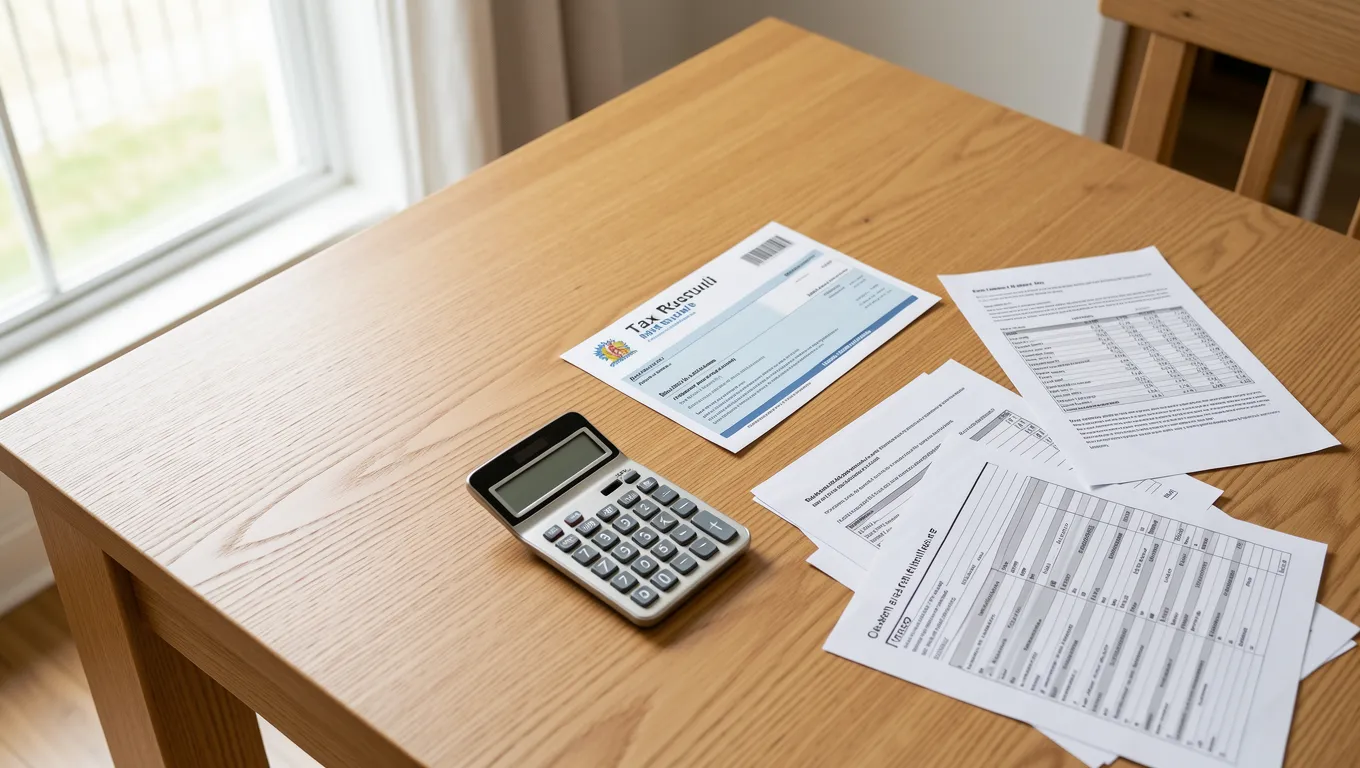 Tax refund check and calculator on a wooden kitchen table