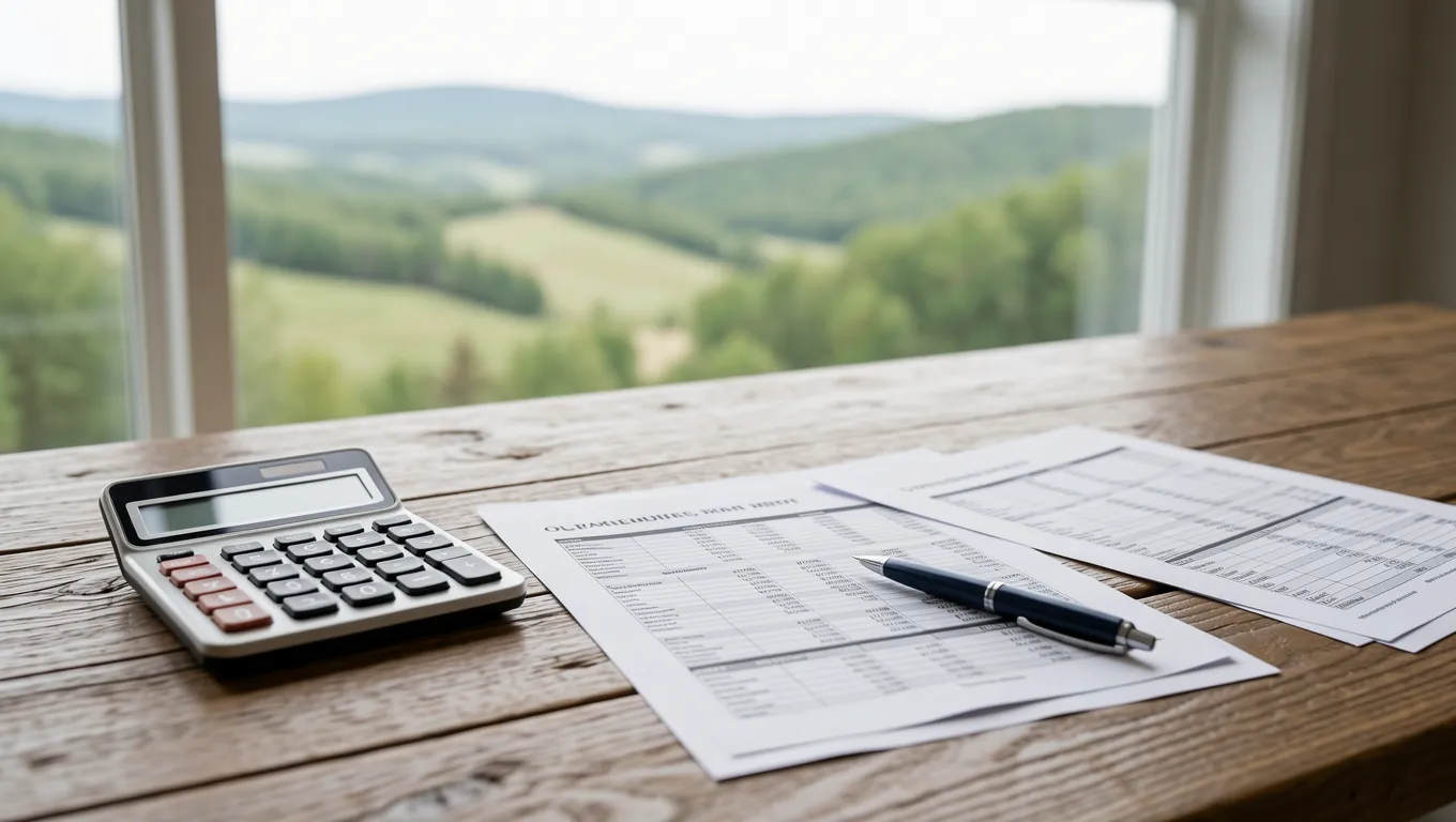 Financial documents and a calculator on a wooden table with natural light