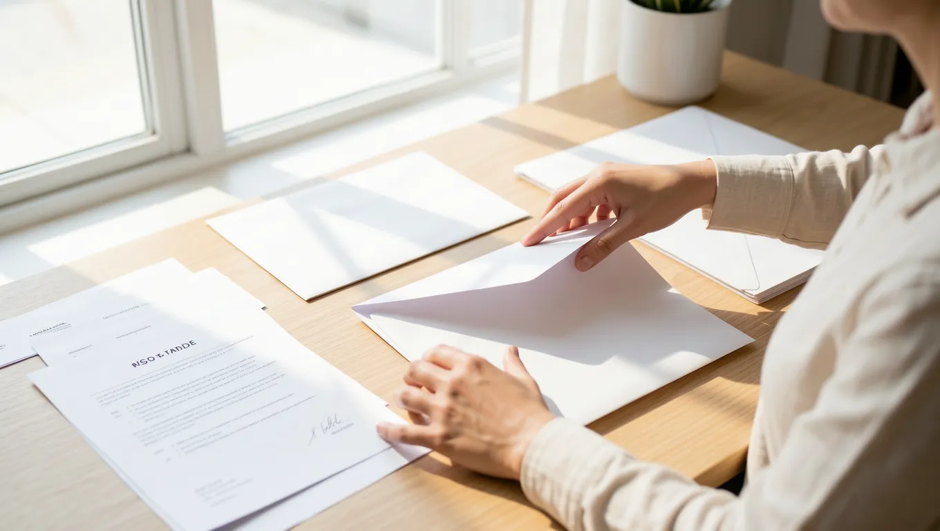 Hands organizing financial paperwork in a brightly lit room