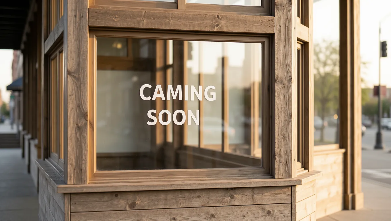 A charming brick storefront in a Missouri town with a coming soon sign