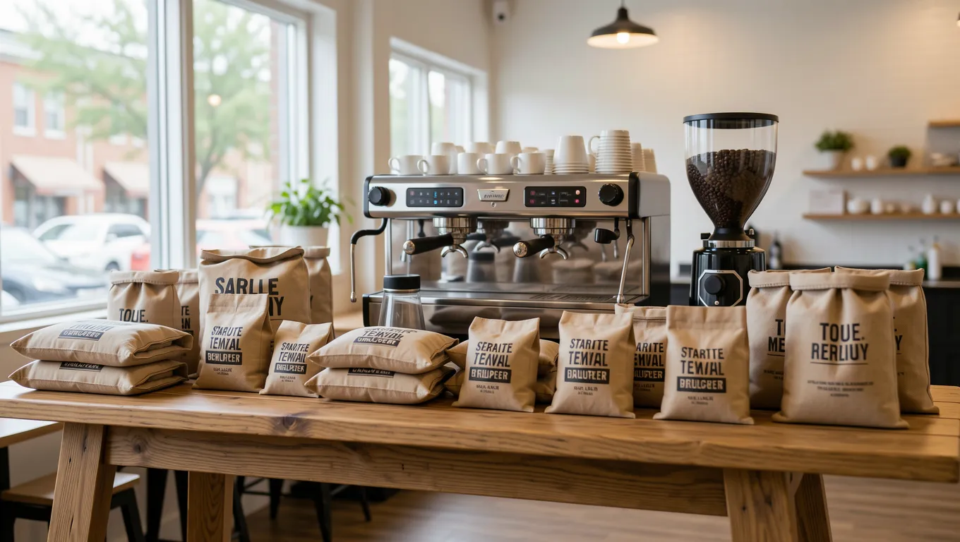 Startup equipment including an espresso machine and coffee beans on a table