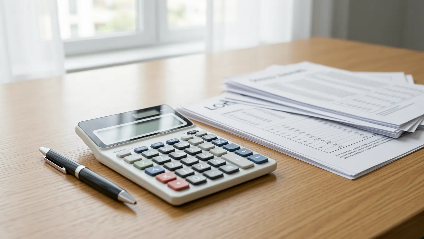 A person calculating loan interest using a calculator and paperwork