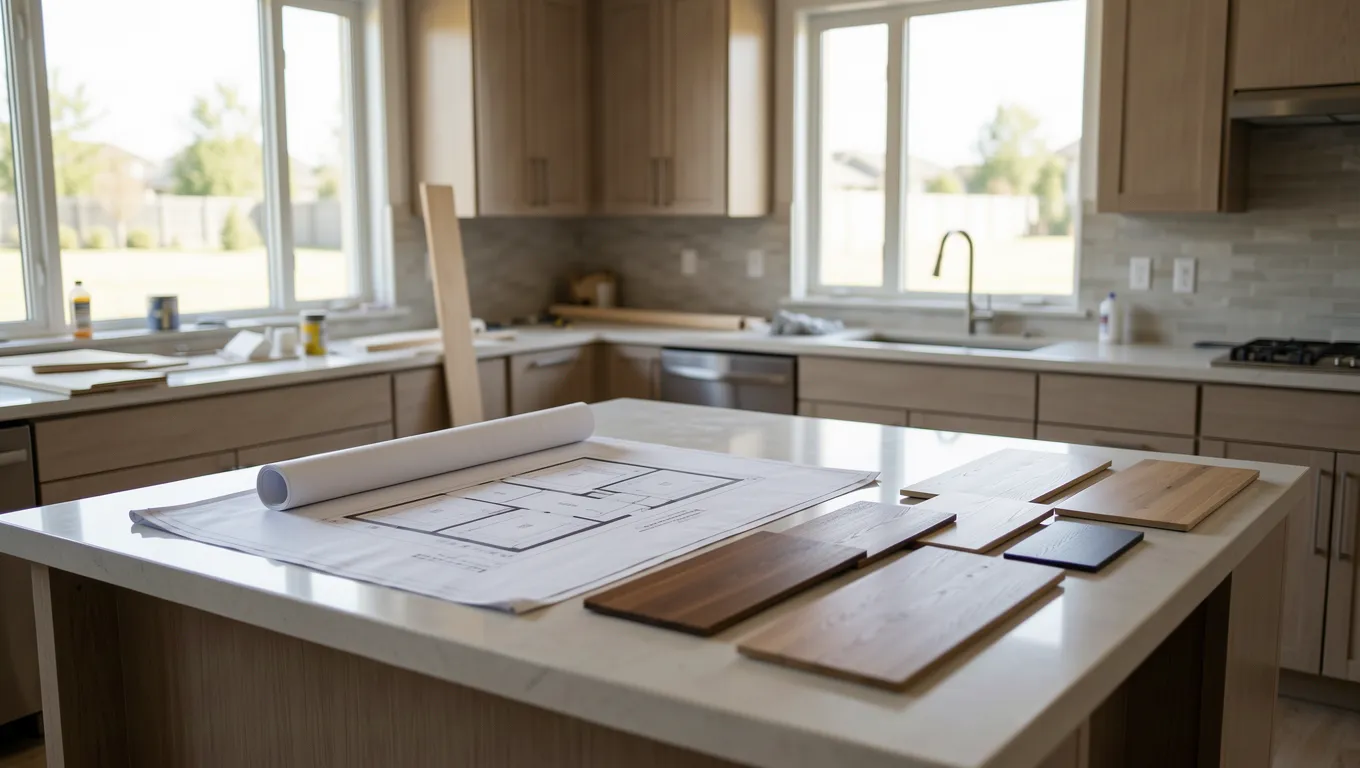 Home renovation planning with blueprints and flooring samples