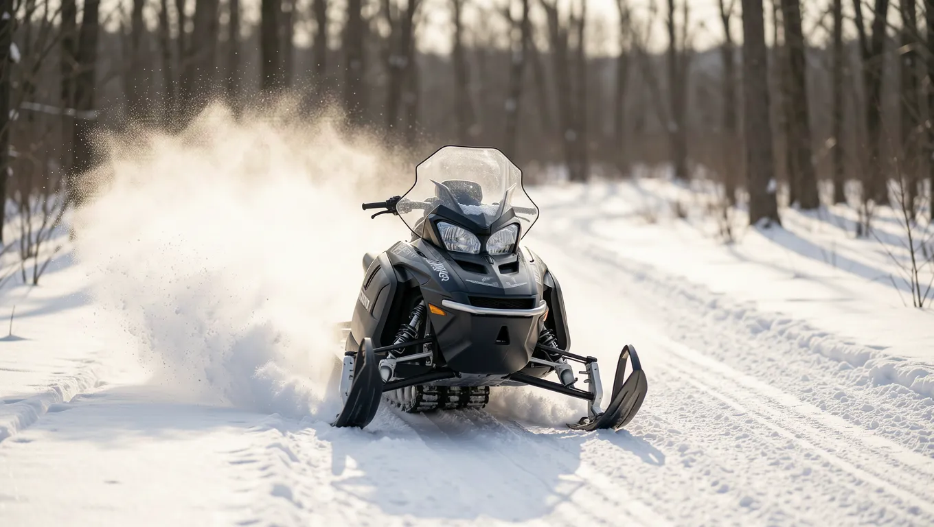 Snowmobile riding through deep fresh powder on a sunny winter trail