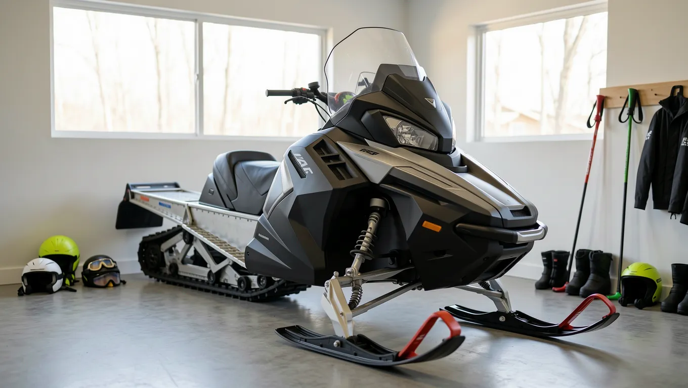 Modern snowmobile parked in a bright garage near winter riding gear