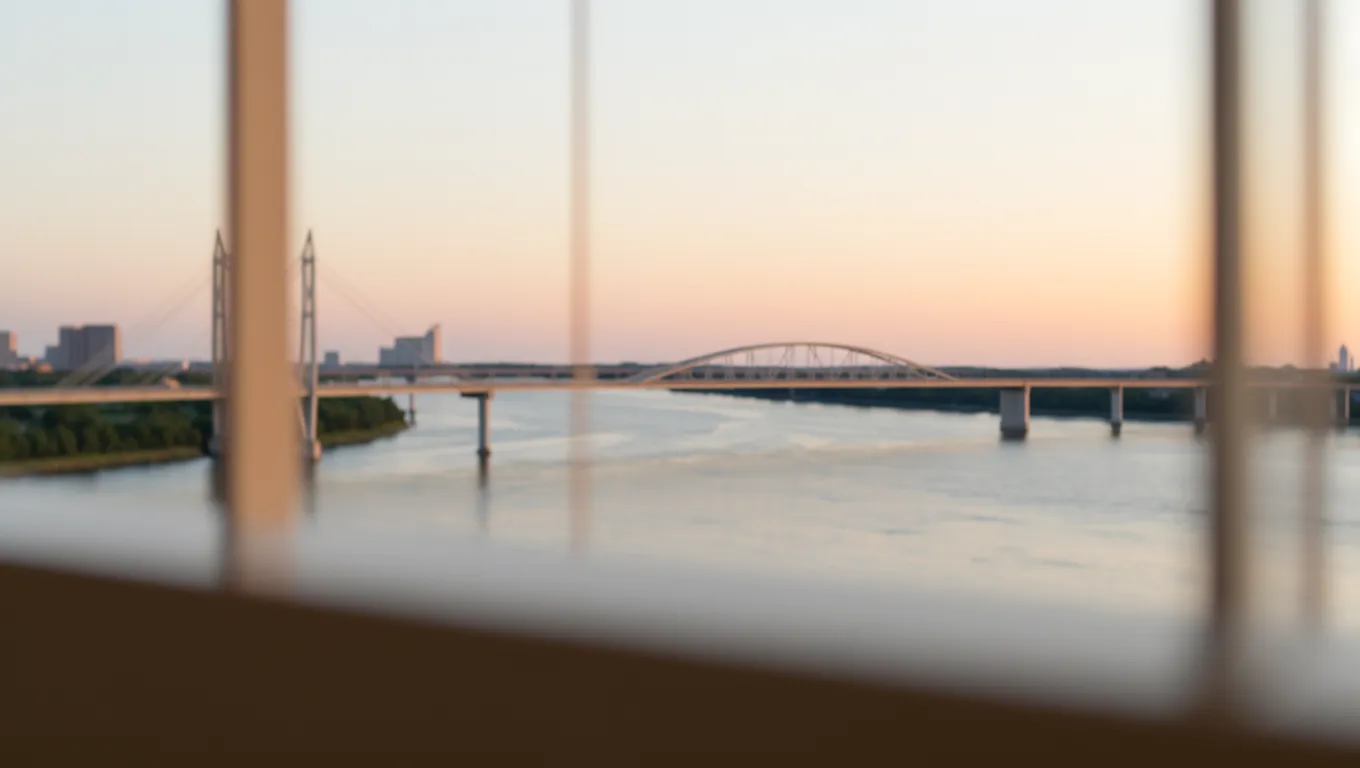 The Cape Girardeau bridge crossing the Mississippi River at sunset