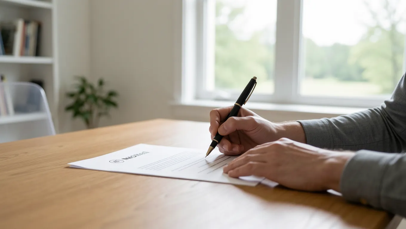 A person signing a financial loan agreement in a bright room